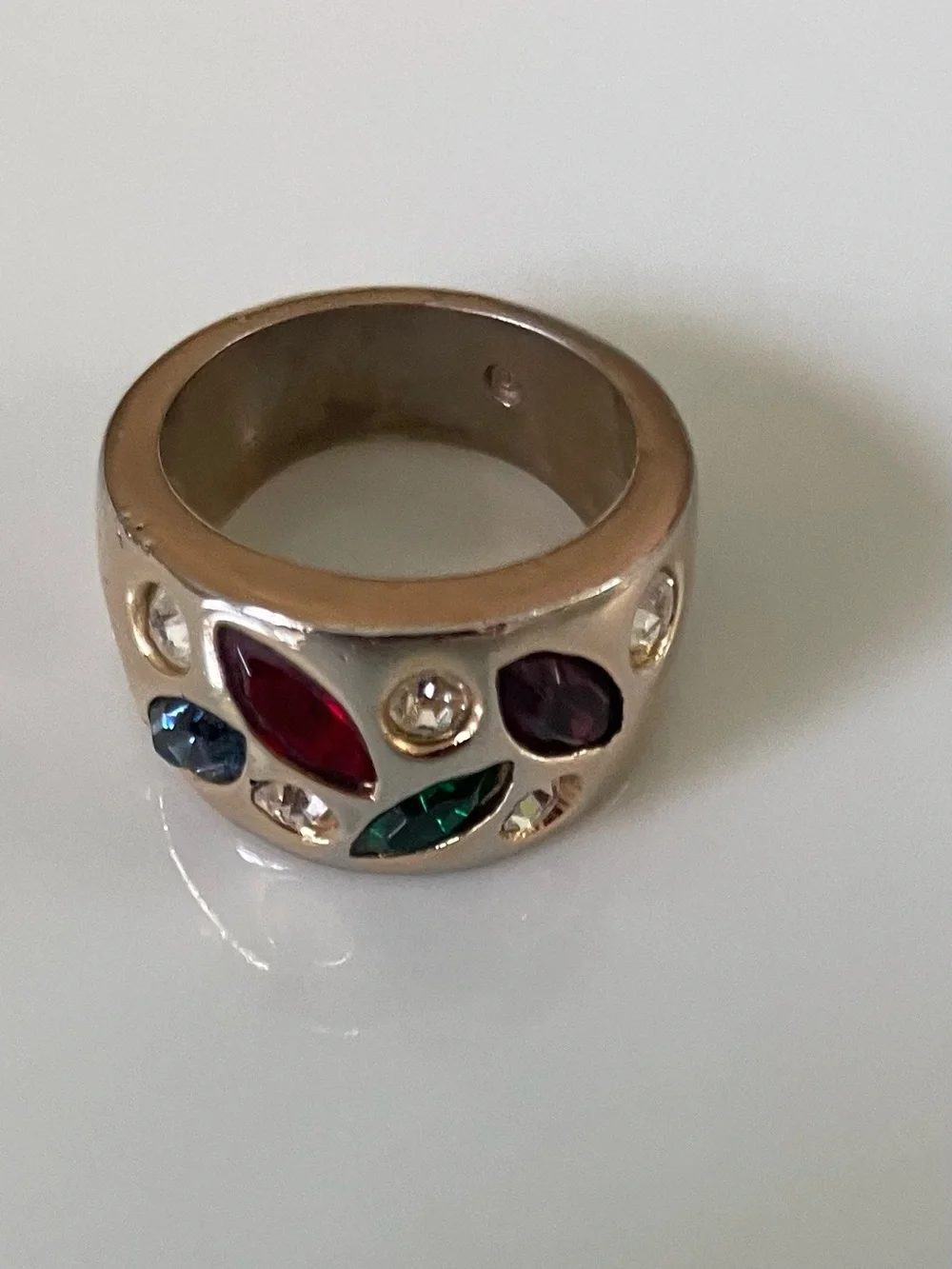 Gold Plated Multi-Stone Dome Ring with Red, Green, Purple,Blue and Clear Stones